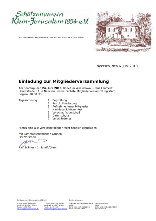 Einladung zur Versammlung Schützenverein KleinJerusalem 1854 e.V.